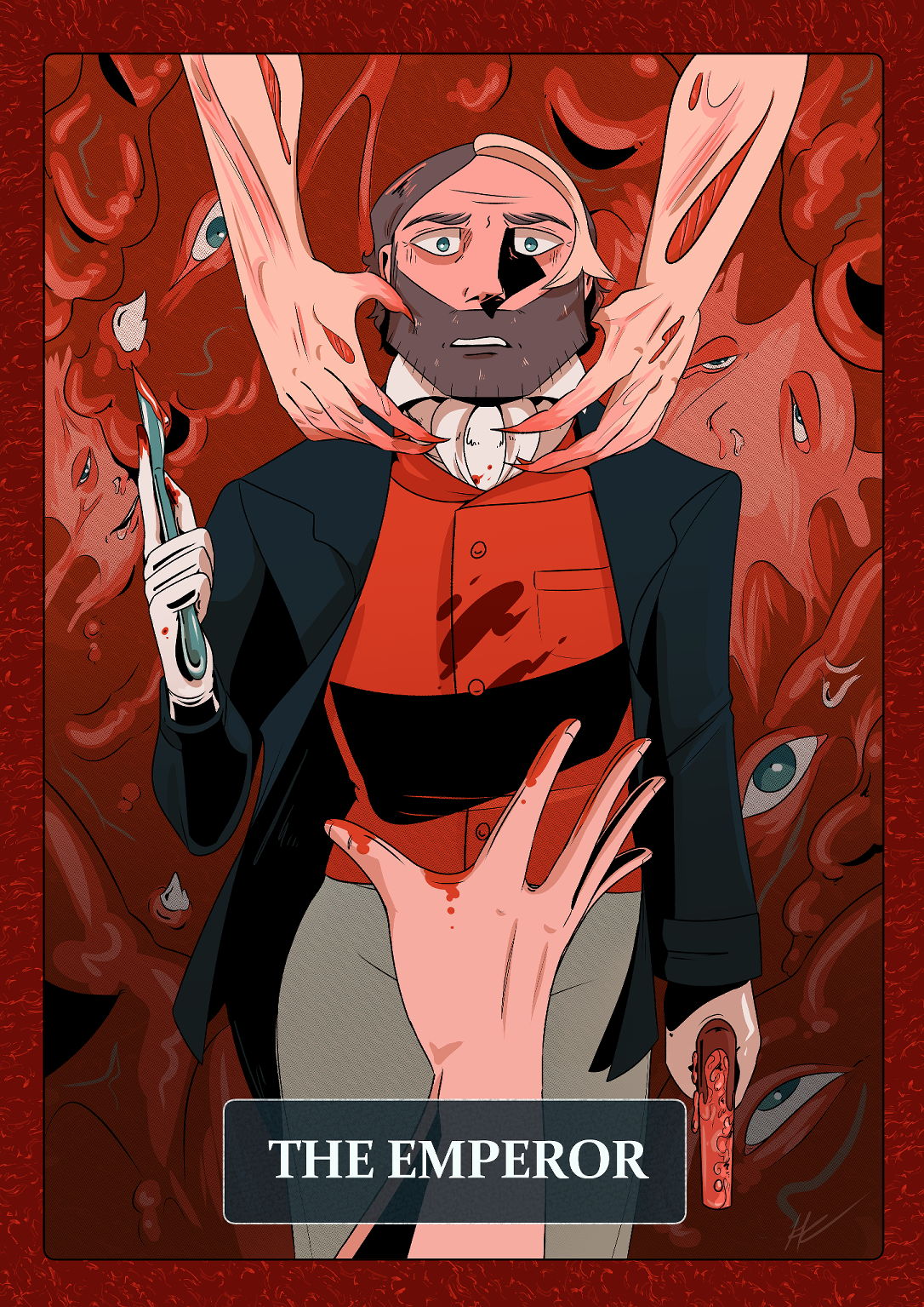 An older bearded man with a shaken expression holds up a bloodied scalpel in one hand, his other hand down at his side holds a flint lock pistol. From the top two monstrous arms come down to enclose his neck while from the bottom foreground a hand with blood on it's fingers reaches toward him. The background is a mass of flesh and gore including distorted faces. There is text that reads 'The Emeperor' at the bottom.