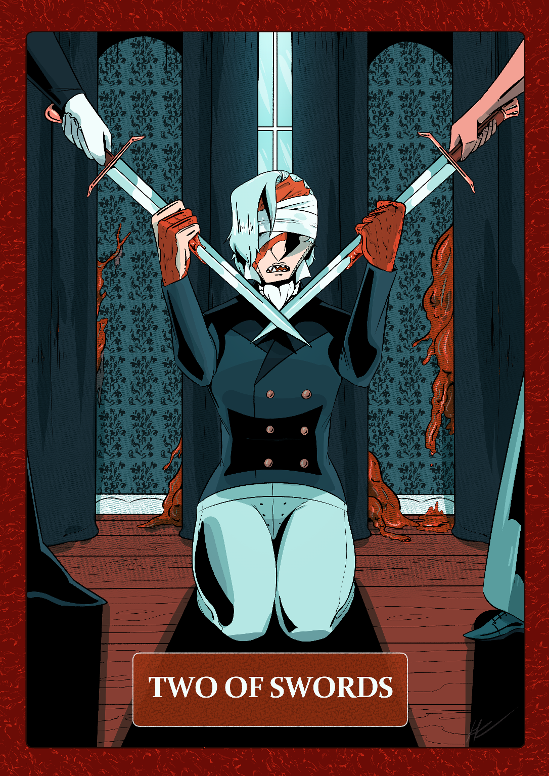 Inge is blindfolded and sits on their knees, out of frame the Master and Ada have crossed swords in front of them. Inge holds the swords by the blade, her blood running down the metal. She is caught in between two worlds and two options for her life. There is text at the bottom, Two of Swords.