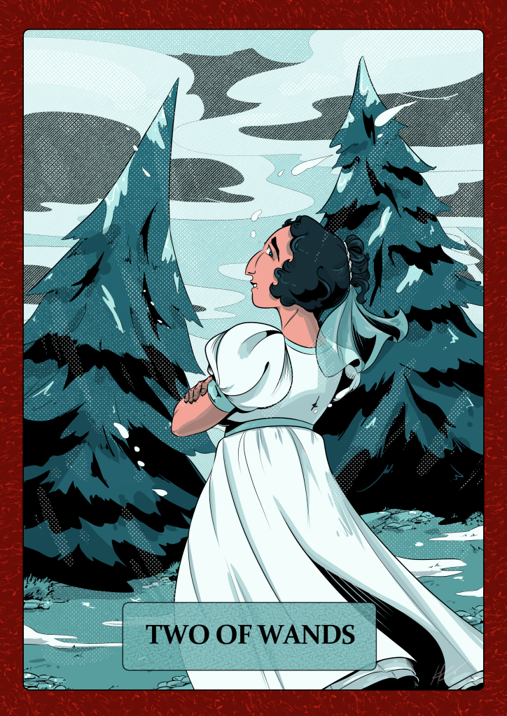 A composition based on the Two of Wands tarot card with the wands taking the form of two trees. Ada is in her wedding dress and looks back toward the viewer, teeth gritted as she feels the cold. Snow is beginning to fall and pile up.