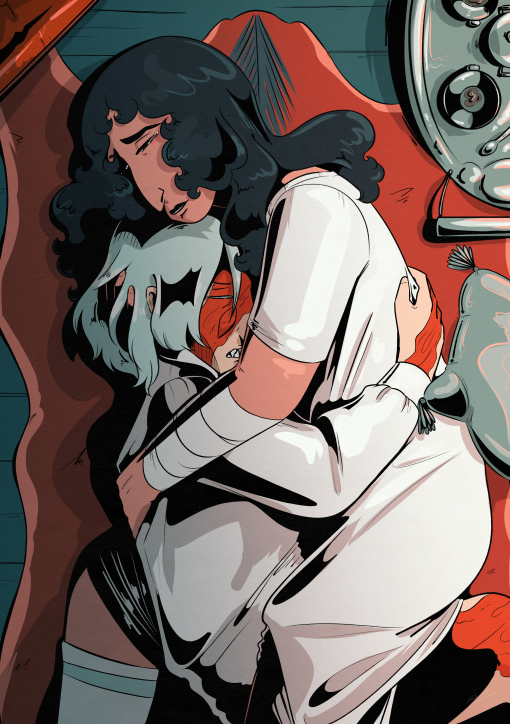 Ada and Inge from Masonry of the Body cuddle close and desperate together. Ada looks down at Inge, tears in the corner of her eyes as the clings to them. They lay on a deer skin, with a silver tray partially in frame.